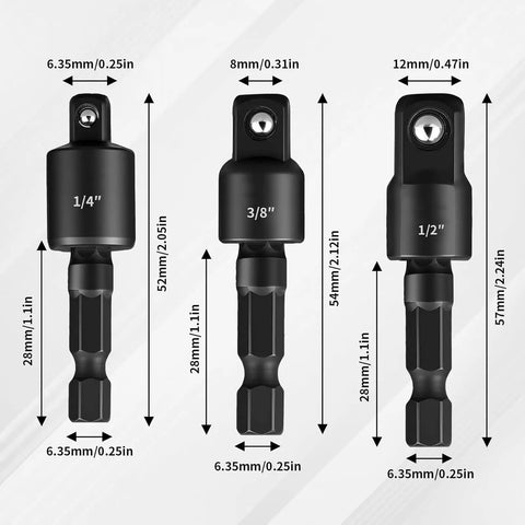 Close-up view of rotatable socket adapters from the 17 Piece Flexible Drill Bit Extension Kit With 105 Degree Right Angle Attachments.