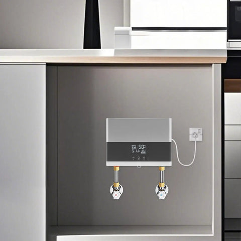 Electric Tankless Water Heater 110v With Digital Display For Instant Hot Water On Demand under kitchen sink with plumbing fittings.