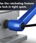 Close-up of Blue L Handle Linear Bearing Brake Kit For 40 Series Aluminum Extrusion showing ratchet feature and zinc finish.