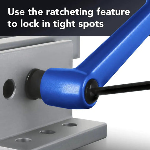 Close-up of Blue L Handle Linear Bearing Brake Kit For 40 Series Aluminum Extrusion showing ratchet feature and zinc finish.