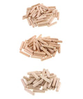 Pro Grade 900 Pieces Wooden Dowel Pins Kit For Woodworking Doweling Jig Set Round Fluted Wooden Plugs Pins And Rods Locator Furniture Fittings In 6mm And 10mm Sizes Handy For Crafts And DIY Projects, three piles of fluted wooden dowel pins