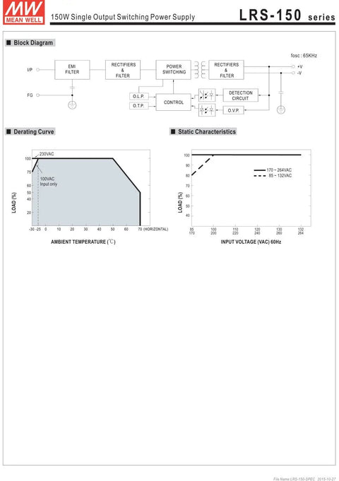 Diagram and characteristics of 24V 6.5A 156W Switching Power Supply LRS-150-24, Single Output, 1U Low-Profile Industrial PSU