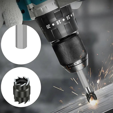 Close-up of 14-Piece Car Spot Weld Cutter Set With 3/8 Inch HSS Drill Bits For Cutting Holes And Weld Removal in action with sparks.