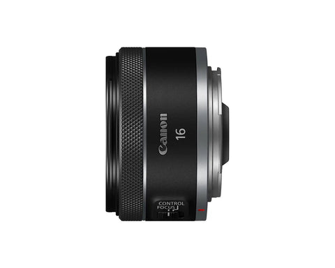Side view of Ultra Wide Angle Prime Lens 16mm F2.8 STM for EOS R Series Mirrorless Cameras, compact and lightweight design.