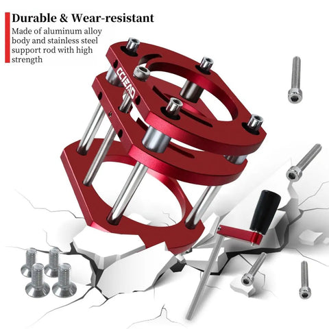 Heavy Duty Router Table Lift With Killer Four Jaw Clamping For 65 Millimeter Motors Offering Dead Precise Two Inch Height Adjustment showcasing aluminum alloy construction.