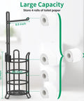 Sturdy Free Standing Toilet Paper Holder Dispenser With 3 Roll Storage Tower Metal Wire Black Finish Bathroom Organizer Stand For Spare Rolls Vintage Look Must Have Easy Access shown with large capacity labeling