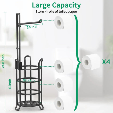 Sturdy Free Standing Toilet Paper Holder Dispenser With 3 Roll Storage Tower Metal Wire Black Finish Bathroom Organizer Stand For Spare Rolls Vintage Look Must Have Easy Access shown with large capacity labeling