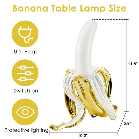 Banana Shaped Table Lamp With LED Night Light Modern Resin Banana Lighting Fixture, size chart overlay, US plug details