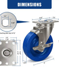 Straight Up 304 Grade Stainless Steel Casters 5 Inch Polyurethane Wheels Heavy Duty labeled dimensions and size details.