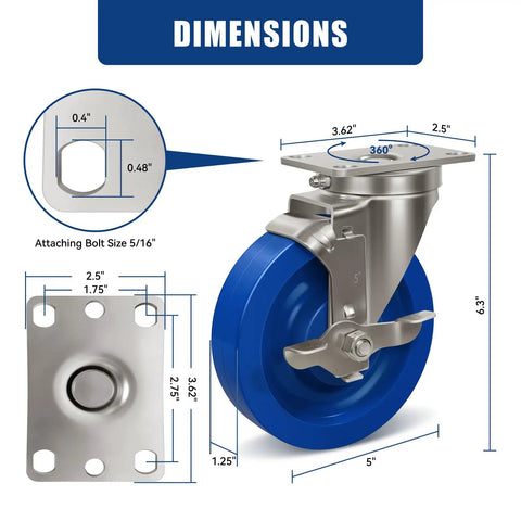 Straight Up 304 Grade Stainless Steel Casters 5 Inch Polyurethane Wheels Heavy Duty labeled dimensions and size details.