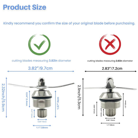 Diagram showing correct and incorrect sizes for Beefed Up Ascent Blade Assembly 105733 Replacement for High Performance Blender.