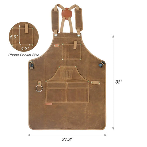 Waxed Canvas Woodworking Apron For Men With 9 Tool Pockets Heavy Duty Carpenter Apron Durable Protection For Woodworking And DIY Projects Brown Great Gift For DIY Enthusiasts And Builders shown with dimensions