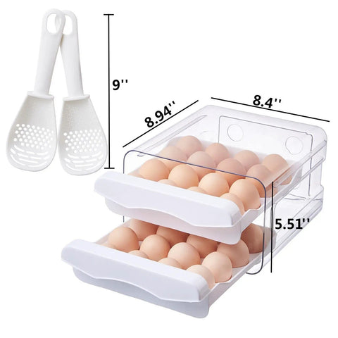 Large Capacity Egg Storage Box For Refrigerator With 2 Drawers, Clear Plastic Egg Holder Keeps Up To 32 Eggs Fresh In Fridge