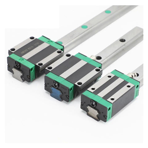 High Precision Linear Guide Rail Kit 500 Millimeter HGR15 And HGR20 Combo Set With Four Smooth Blocks For CNC Machines And DIY Build Projects That Move Like A Dream. three linear guide blocks on silver rails