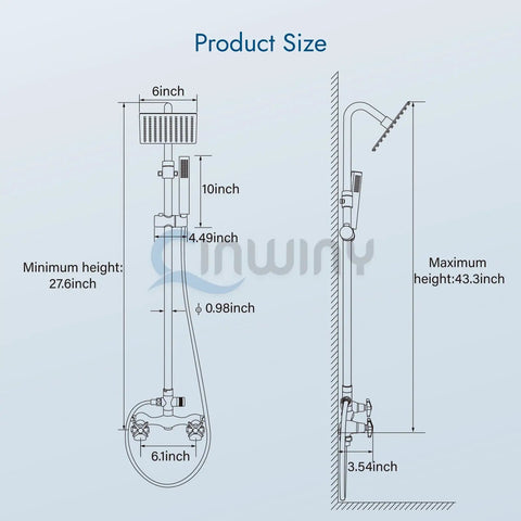 Technical diagram of Wall Mount Outdoor Shower Kit With Chrome Rainfall Head And Handheld Spray, showing dimensions and layout.