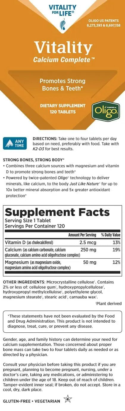 Vitality Calcium Complete Supplement 120 Tablets label showing ingredients and nutritional information