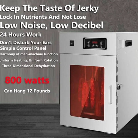 Straight Up Stainless Steel 360 Degree Rotary Food Dehydrator And Sausage Dryer With Simple Dials And Timer For Killer Homemade Jerky And Garden Fresh Veggies, front view with jerky hanging.