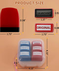 Nifty Six Piece Self Ink Rubber Stamp Set With Vivid Red And Navy Blue Office Stamps, showing sizes and details of stamps.