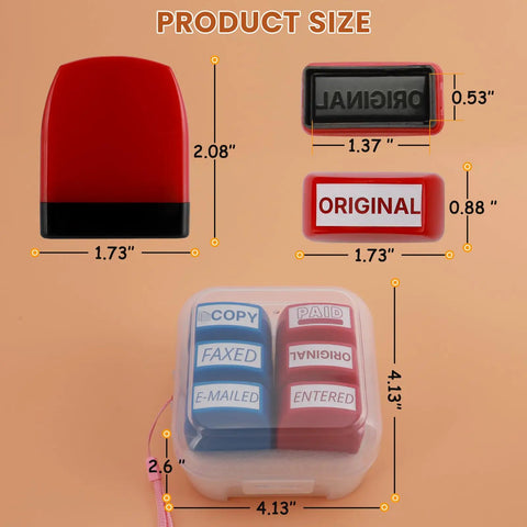 Nifty Six Piece Self Ink Rubber Stamp Set With Vivid Red And Navy Blue Office Stamps, showing sizes and details of stamps.