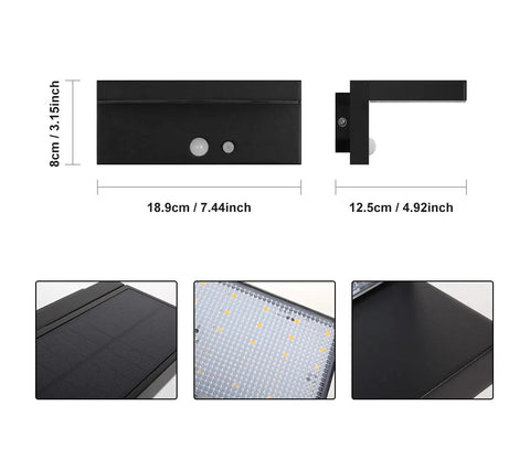 Dimensions and features of the Solar Powered Outdoor Wall Light With Motion Sensor, 3 Lighting Modes, 600 Lumen Brightness, Warm White 3000K, IP44 Waterproof, Rustproof Aluminum, Black, Ideal For Patio Porch Decor