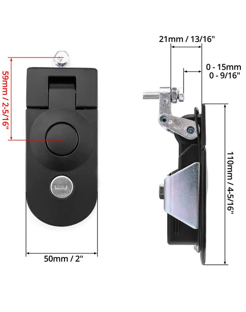 Built Tough Adjustable Compression Latch Keyed Alike Four Pack Flush Mount Cabinet Lock With Sturdy Alloy Finish Quick Hookup For Toolboxes And Enclosure Cases side view with dimensions 59mm x 50mm x 110mm