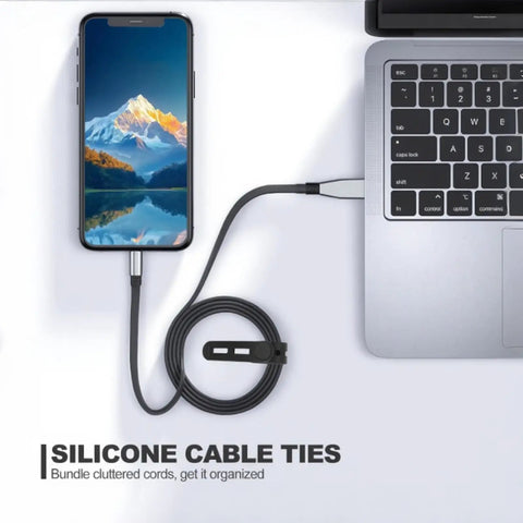 Reusable Silicone Cable Ties Cord Organizer Set for charger cables and laptop, black silicone wrap keeping USB cord tidy.
