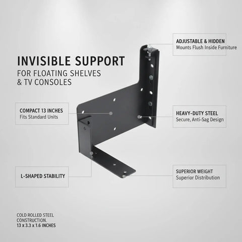 Heavy Duty L Shaped Wall Mount Bracket For Floating Shelves And Cabinets, Cold Rolled Steel Construction, 13 x 3.3 x 1.6 Inches, Hidden Mount Hardware For A Clean Look And Rock Solid Support in a sleek black finish with labeling indicating compact size, heavy-duty steel, and L-shaped stability.