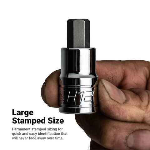 32-Piece Hex Bit Socket Set With Metric And SAE Sizes, Drop-Forged S2 Steel Bits shown with large stamped size detail