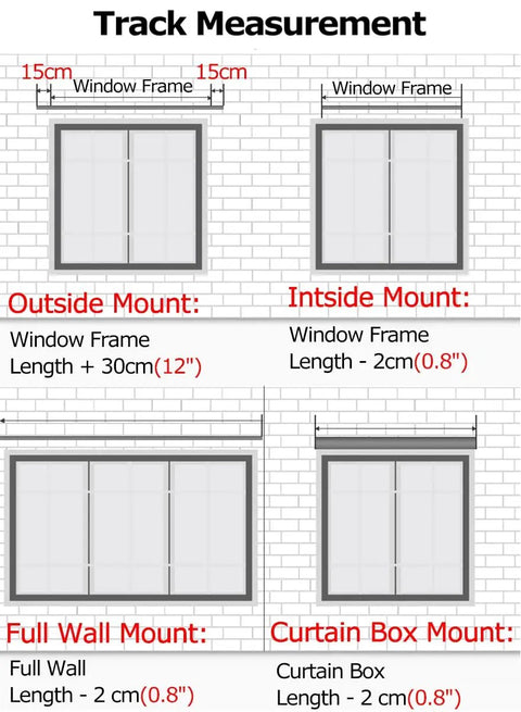 Track measurement guide for Commercial Grade Sliding Barn Door Hardware Kit with mounting options for rooms.