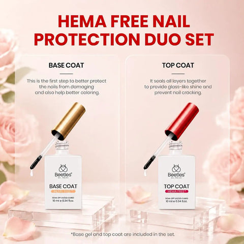 Dusky Rose Gel Nail Polish Set With Pink And Red Shades, HEMA Free Base Coat And Top Coat displayed on a pink background