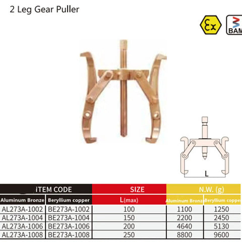 Non Sparking Gear Puller with 2 Jaws and 2 Legs in Beryllium Copper for Hydrogen Environments, 250mm Reach