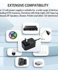 Versatile 12V Power Supply 2A AC Adapter 100-240V Input 50-60Hz 24W With 5.5x2.1mm DC Plug And 8 Quick Swap Tips For LED Strip CCTV Camera Router Bluetooth Speaker And More Includes 1.5m Power Cord; compatible devices shown