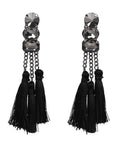 Black tassel earrings with sparkling rhinestones and chain details