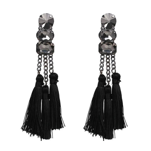 Black tassel earrings with sparkling rhinestones and chain details