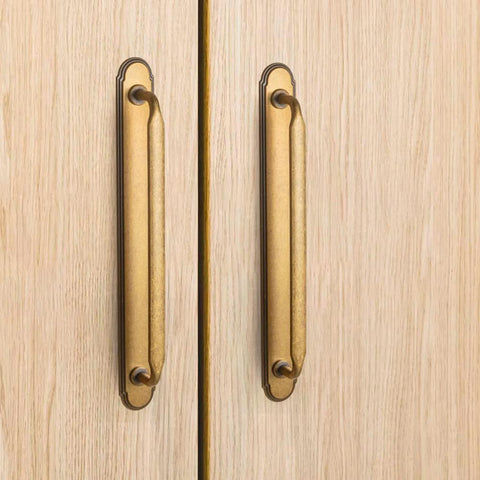 Antique Brass Zinc Alloy Cabinet Handle With Backplate 7.56 Inch Center To Center 192mm 2 Pack mounted on wooden cabinet doors