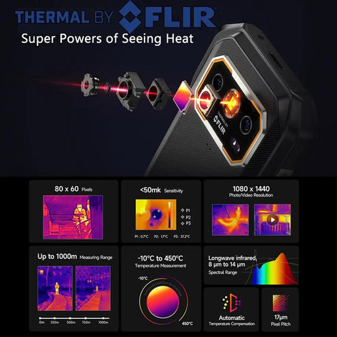 Kickass 5G Rugged Champ With Built-In Thermal Scanner And Sharp Night Vision Lens, showing thermal imaging specs and features