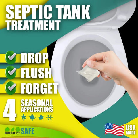 Hand dropping enzyme based septic tank treatment packet into toilet for preventative maintenance that stops clogs and odors