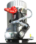 Front view of Beefy 8 Quart Hydraulic Power Unit With 12V DC Motor Single Acting Pump 3200 PSI Relief SAE 6 Port Metal Reservoir