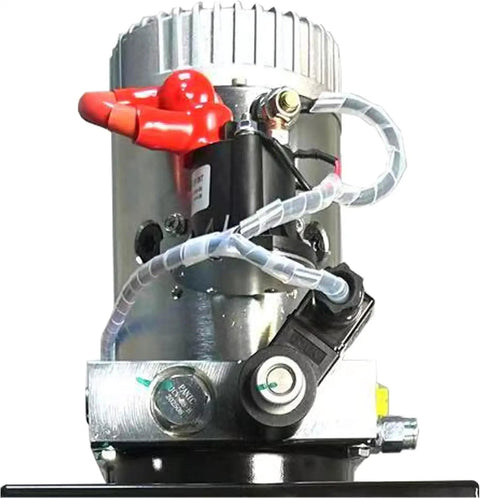 Front view of Beefy 8 Quart Hydraulic Power Unit With 12V DC Motor Single Acting Pump 3200 PSI Relief SAE 6 Port Metal Reservoir