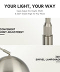 Tall Arc Floor Lamp With Marble Base In Brushed Nickel LED Bulb Included Adjustable Height 59 To 69 Inches 360 Rotating Shade detail
