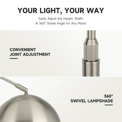 Tall Arc Floor Lamp With Marble Base In Brushed Nickel LED Bulb Included Adjustable Height 59 To 69 Inches 360 Rotating Shade detail