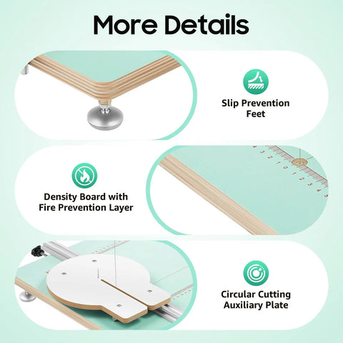 Portable 72W Hot Wire Foam Cutter details including slip prevention feet and density board for tabletop Styrofoam cutting.