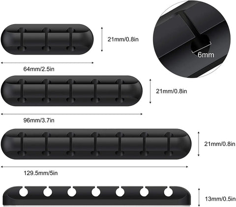 Dimensions of Three Pack Cable Holder Clips For Cord Management Self Adhesive Silicone Clips, shown in black with slot sizes.