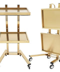 Two Tier Stainless Steel Rolling Cart With Wheels, Foldable Salon Tray Trolley For Tattoo Studio, Golden Finish