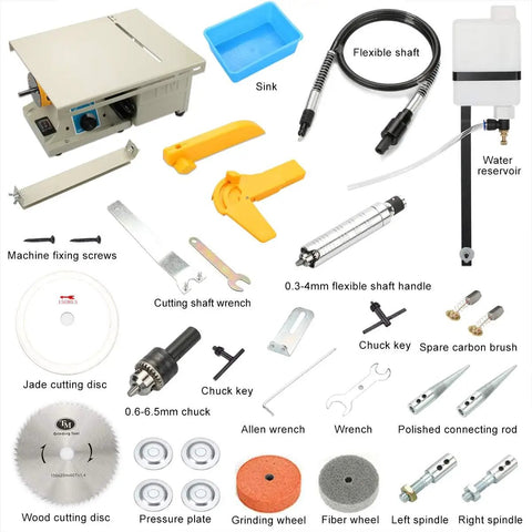 Components of 6 Inch Lapidary Rock Saw For Wet Cutting With 110V Power, 10000 RPM Stone Cutter Machine, including flexible shaft and tools.