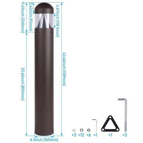 43 Inch Led Bollard Light Featuring Slick Beam Focus And Straight Up Adjustable Warm To Cool Temperature Settings For Top Notch Outdoor Yard Pathway Illumination And Heavy Duty Landscape Garden Accent Lighting, showing dimensions and accessories.