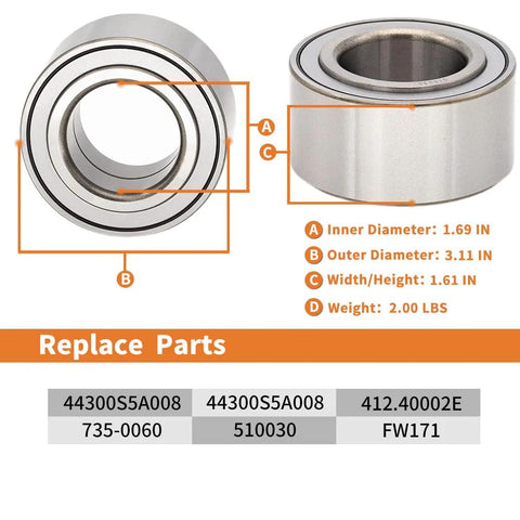 Diagram of 2 Pack Front Wheel Bearing Hub Assembly 510030 Left and Right For Acura Integra 1994 to 2001 with dimensions and replace parts