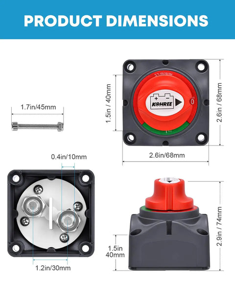 Diagram of Beefy Heavy Duty 12V To 48V Battery Disconnect Switch Waterproof Marine Cut Off Isolator dimensions.