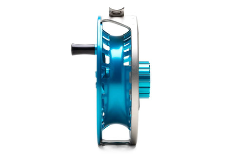 Side view of Litespeed M Fly Reel For Saltwater Big Game Ultramarine Finish Ultra Lightweight CNC Machined Frame Super Large Arbor