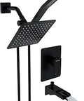 Black Shower Faucet Set With Tub Spout And 8 Inch Rainfall Showerhead Plus Handheld, 3 Way Diverter, Hose, Valve, Trim Kit